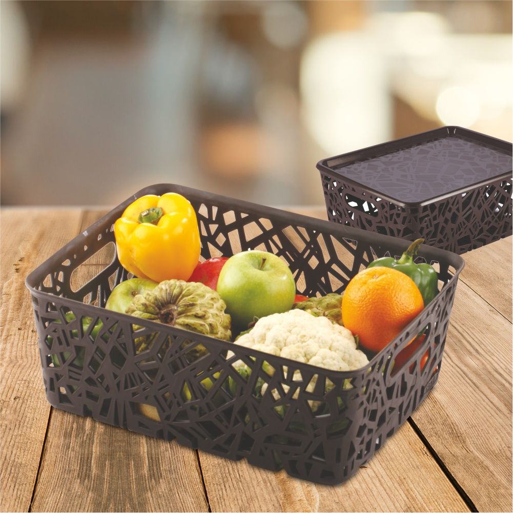 Flair Zig Zag Brown Multi Purpose Storage Basket With Lids Set Of 3 pcs