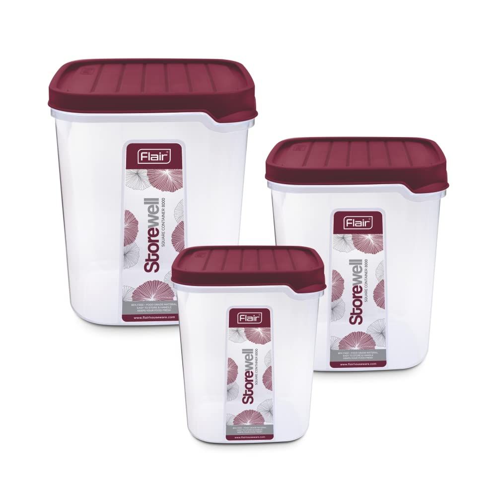 Flair Plastic Storewell Square Food Storage Containers Maroon - Set 3 Pcs (6000Ml,8000 Ml,12000 Ml)