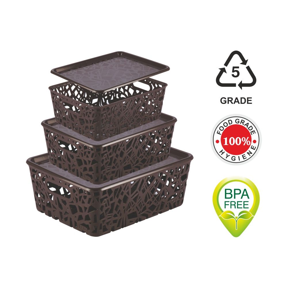 Flair Zig Zag Brown Multi Purpose Storage Basket With Lids Set Of 3 pcs