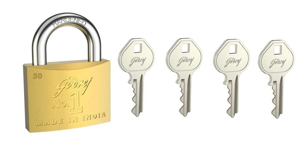 Godrej No. 1 50mm Padlock for Door with 3 Keys, Solid Brass Finish Main Door Lock for Home Gold