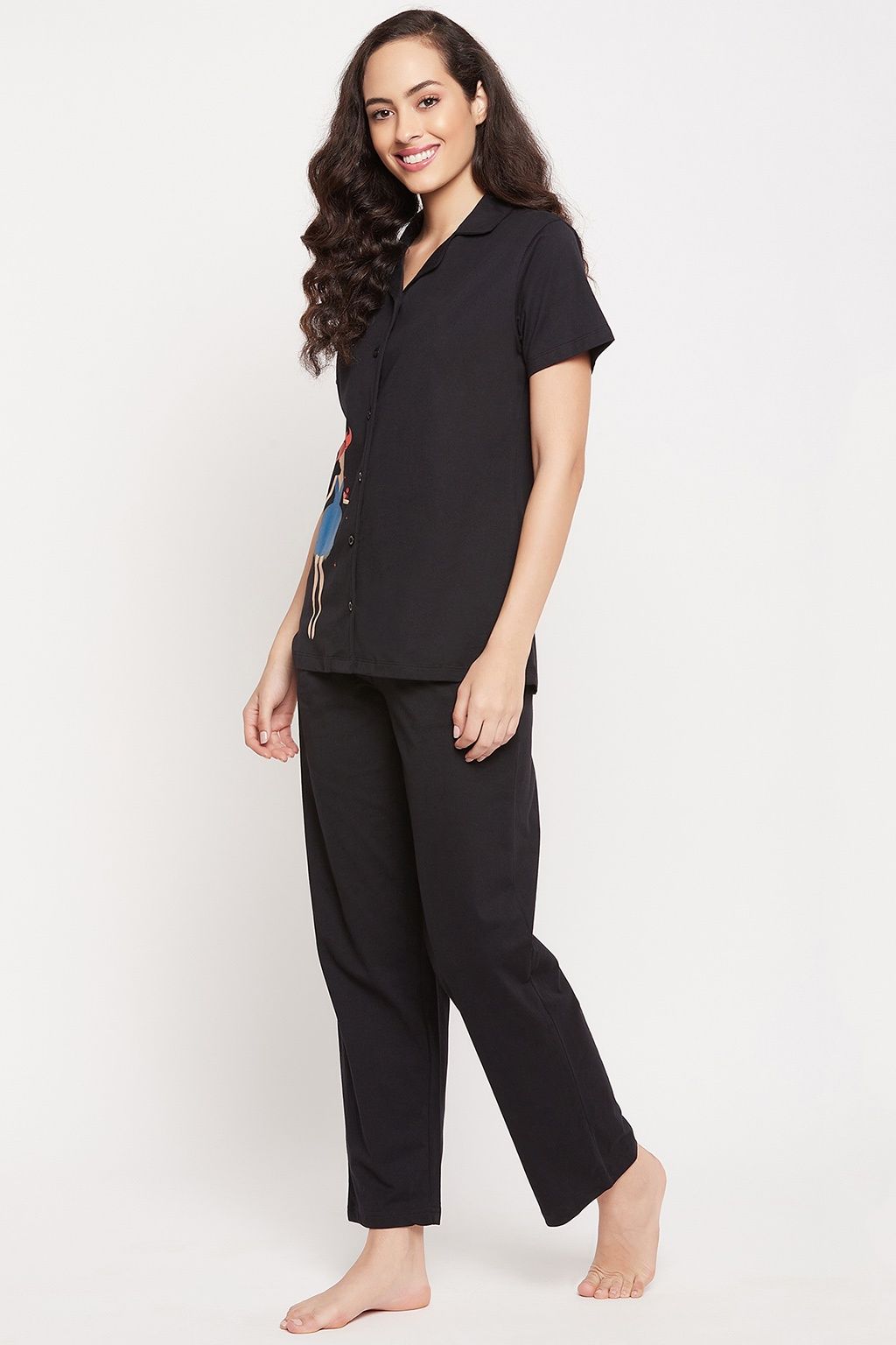 Clovia Cancer Print Button Down Shirt & Pyjama Set - 100% Cotton(Black - Xxl)