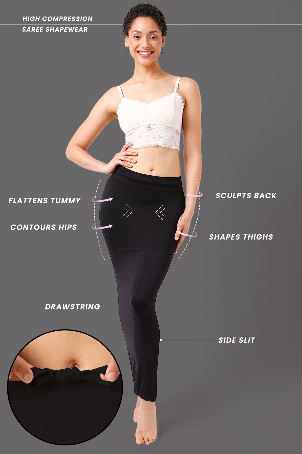 Clovia Saree Shapewear Petticoat With Drawstring | Black | XL