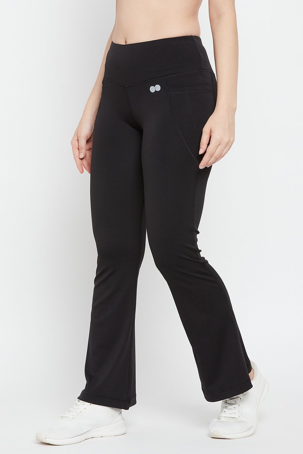 Clovia Women's Flared Yoga Pants - Black | High Waist | With Side Pockets | L