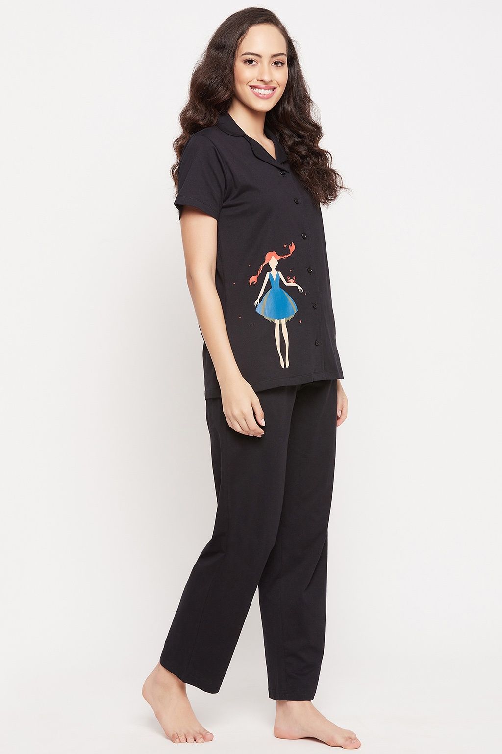 Clovia Cancer Print Button Down Shirt & Pyjama Set - 100% Cotton(Black - Xxl)