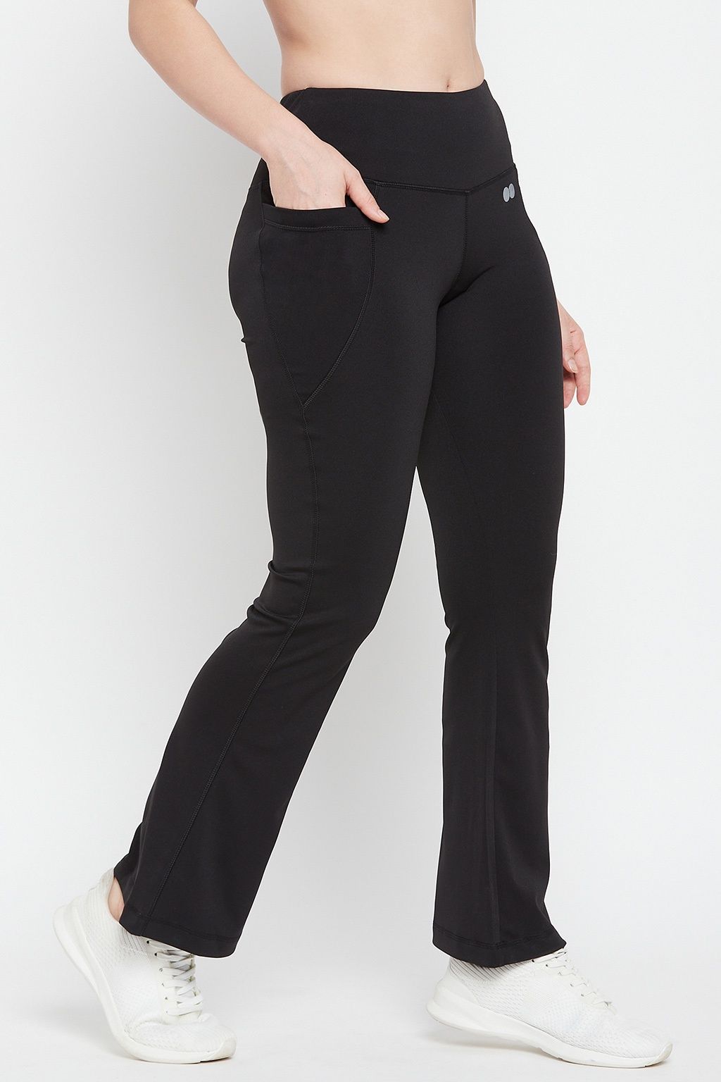 Clovia Women's Flared Yoga Pants - Black | High Waist | With Side Pockets | L