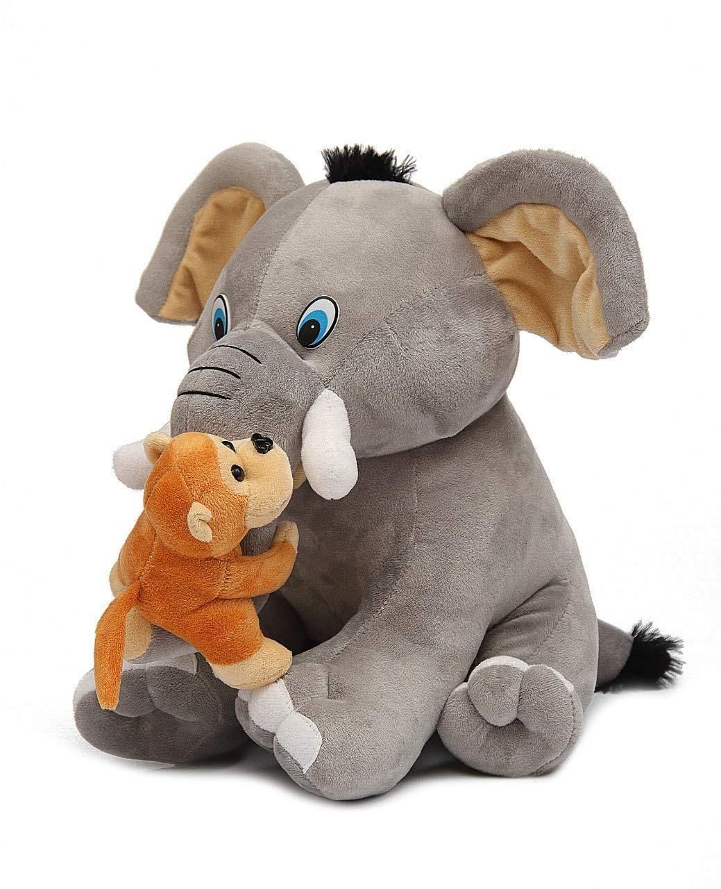 Dearjoy Baby Elephant With Monkey Soft Toy Grey - Height 35Cm