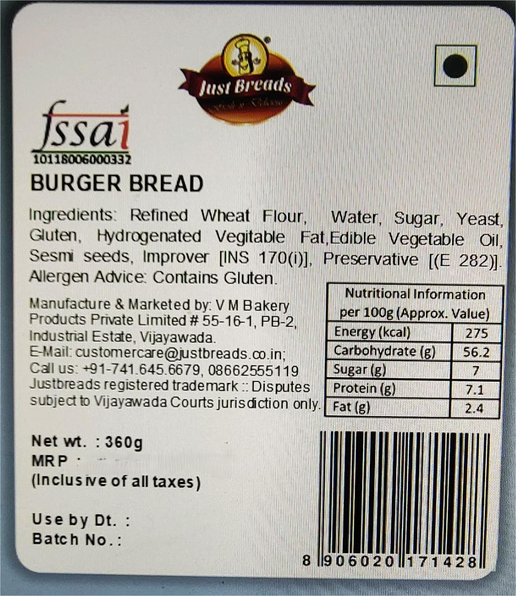 Just Breads Burger Buns (Pack Of 4 Buns)