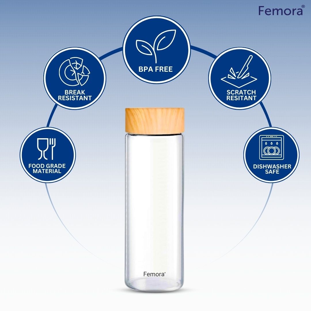 Femora Borosilicate Glass Bottle With Wooden Lid Finish | Transparent - 750 ml