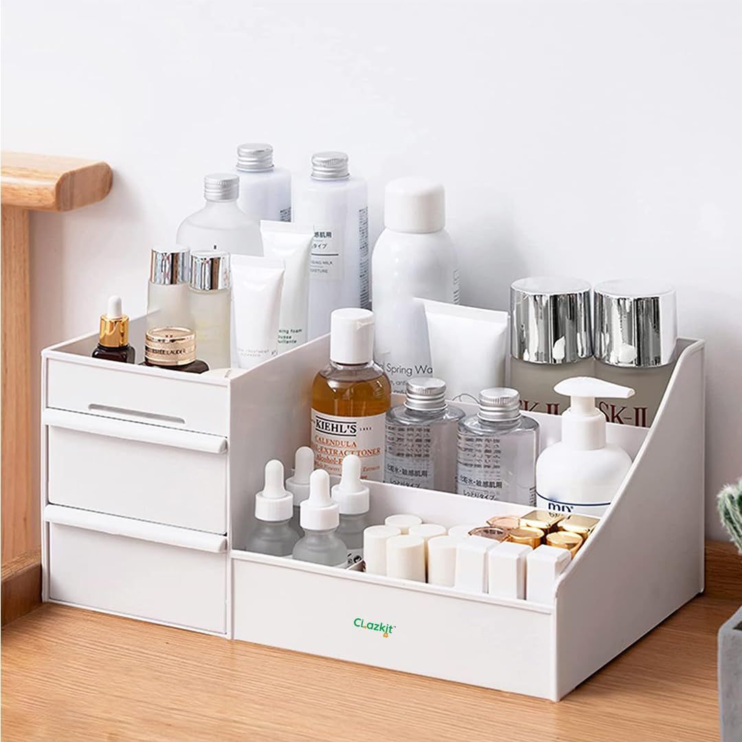 Clazkit Versatile Cosmetic Organizer Box with Drawers and Vanity Brush Holder