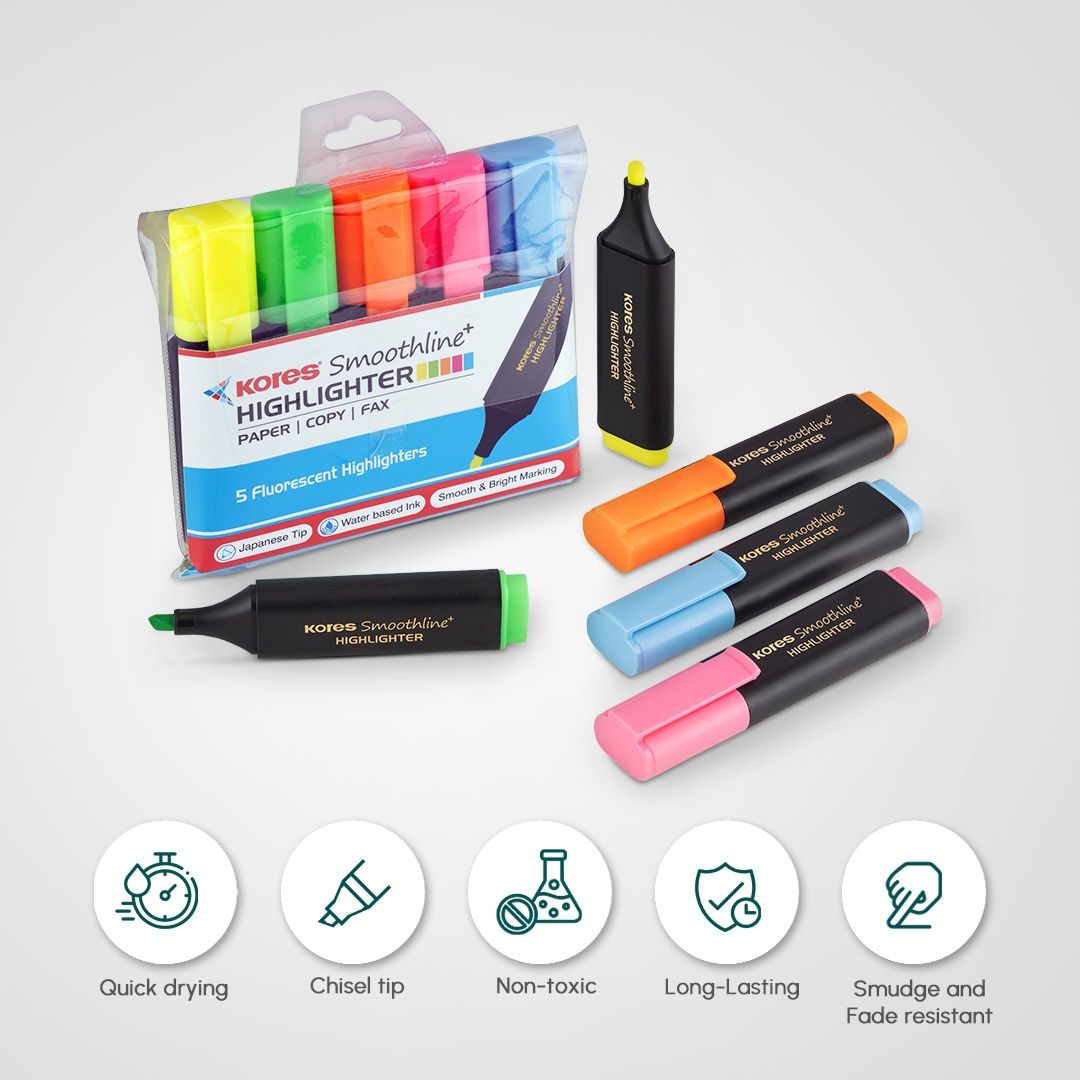Kores Smoothline Plus Highlighter Pen | Assorted Pack of 5 Colours
