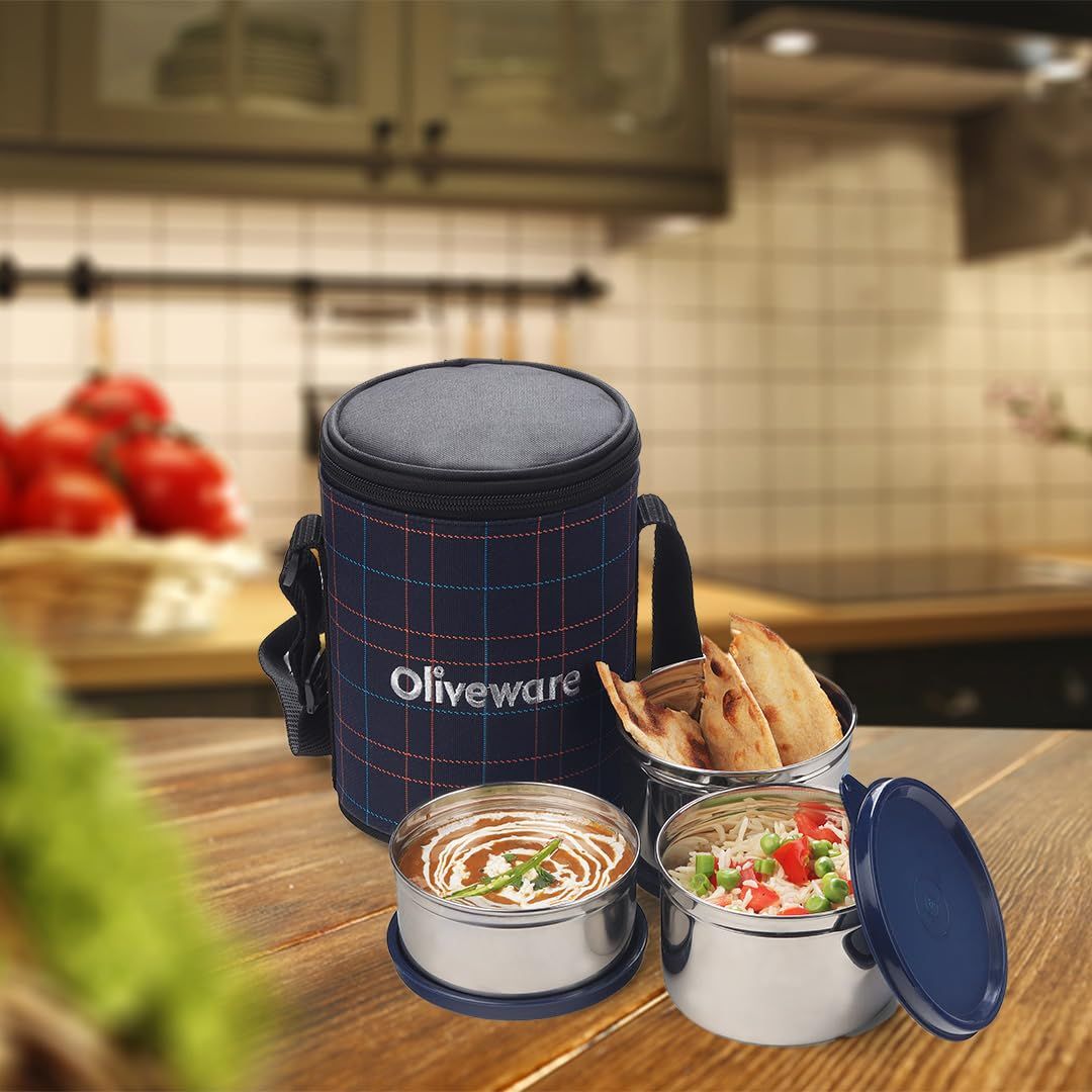 Oliveware Absolute Lunch Box, 3 Stainless Steel and Leak Proof Containers with BPA Free Lids- Blue