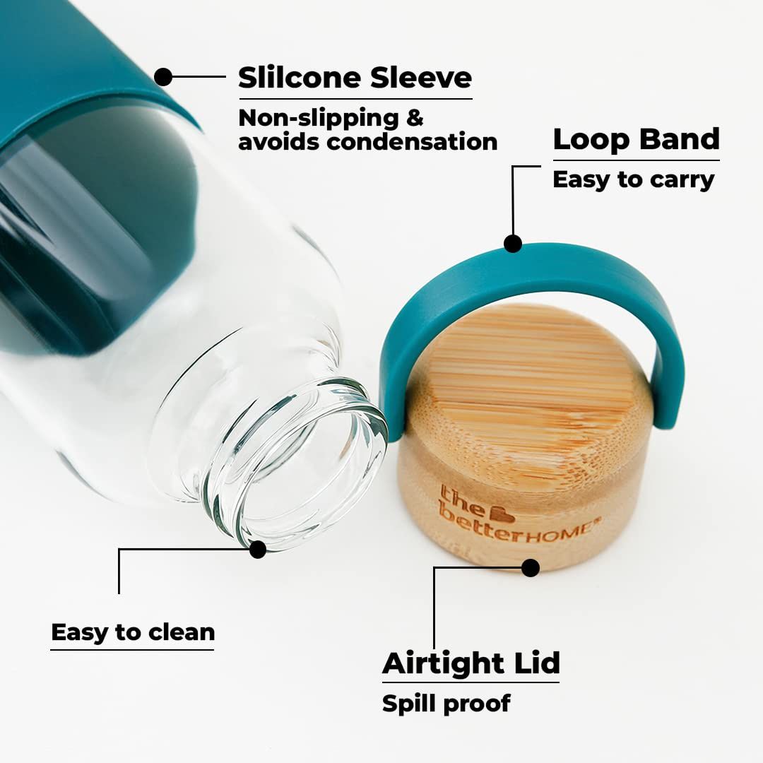 The Better Home 550Ml Borosilicate Glass Bottle With Sleeve And Bamboo Lid-Aqua
