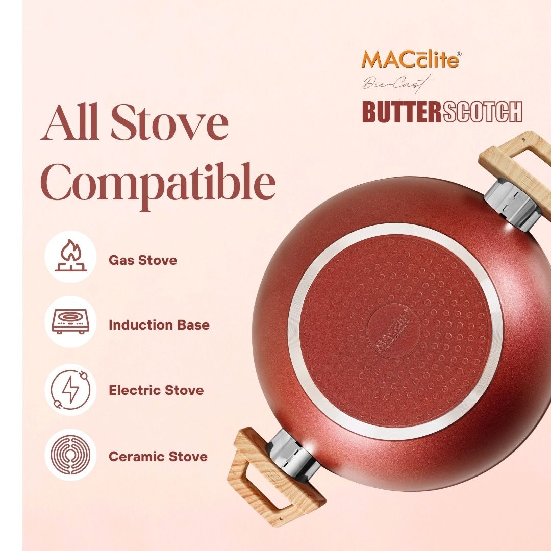 Macclite Non-Stick PDC Granite+ Induction Base Butter Scotch Triumph Kadai 28 cm With Glass Lid