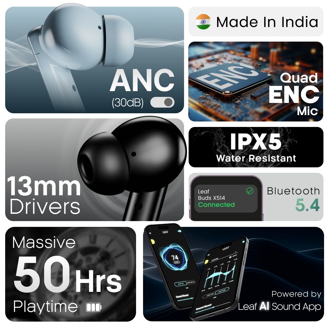 Leaf Buds X514 | ANC | Transparency Mode | 70H Playtime | Quad Mic ENC | TWS - Carbon Black