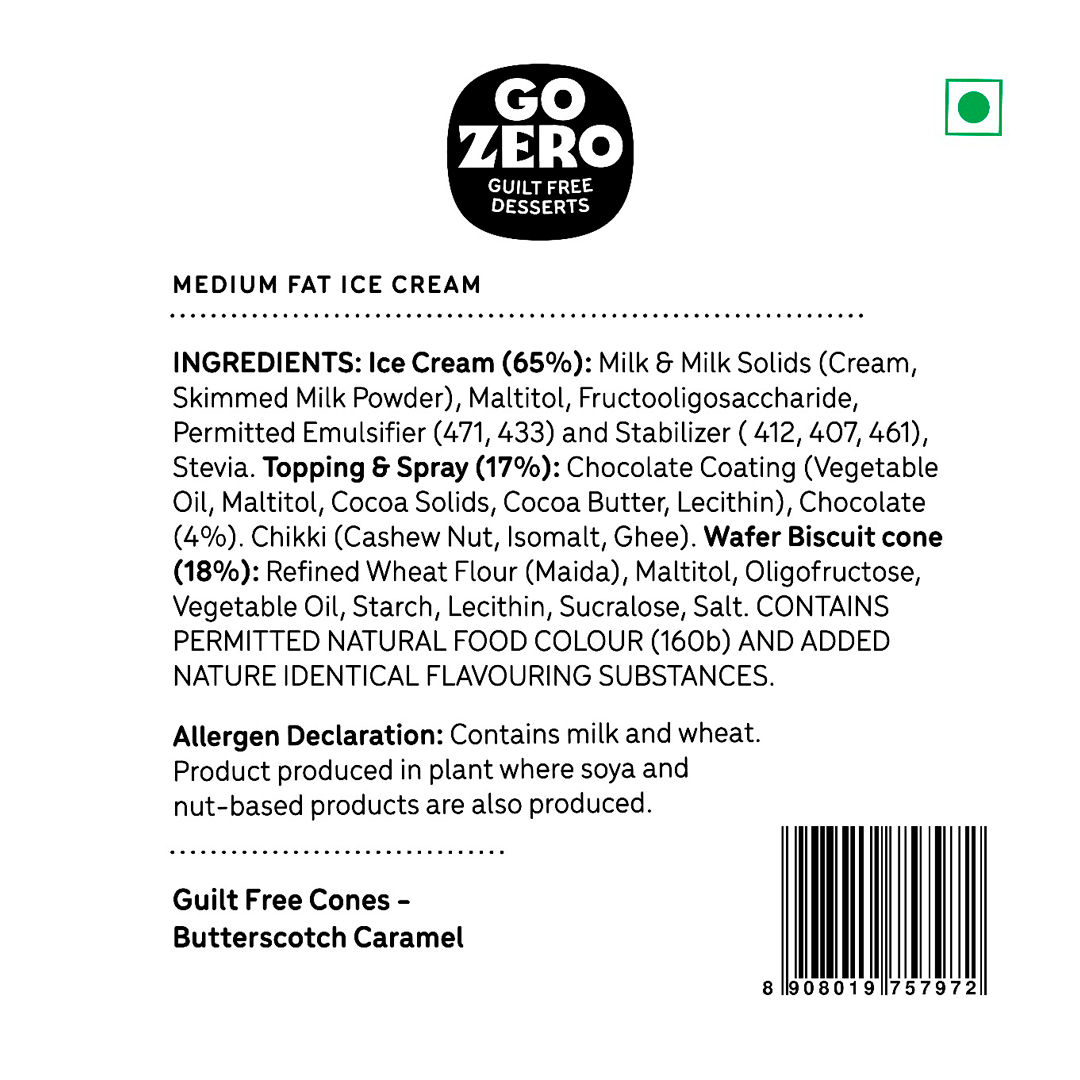 Go Zero Butterscotch Caramel Low Calorie Guilt Free Ice Cream Cone 120 ml Combo