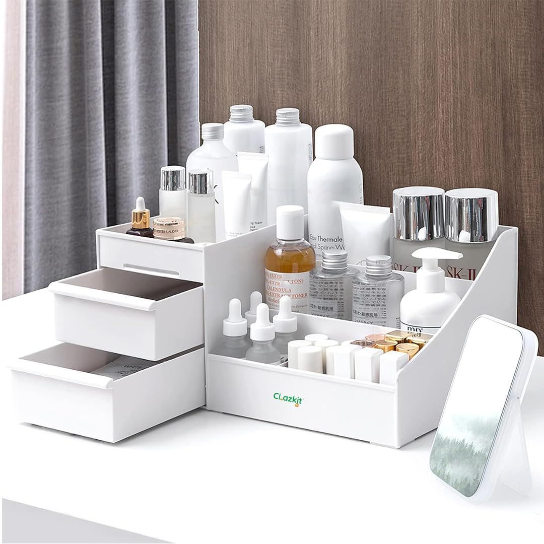 Clazkit Versatile Cosmetic Organizer Box with Drawers and Vanity Brush Holder
