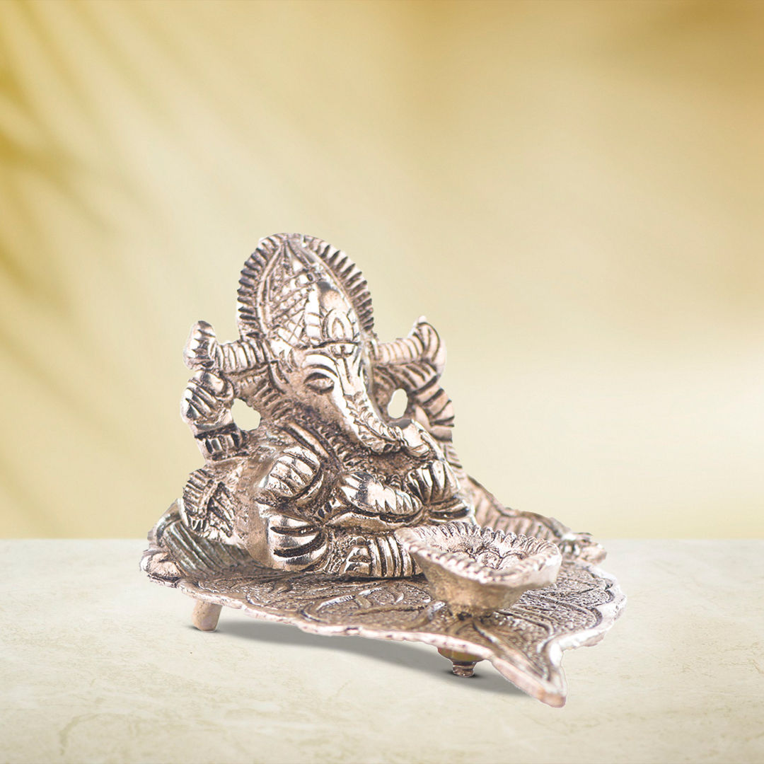 Devnidhii Diya Silver Plated Ganesh Ji on Peepal Leaf