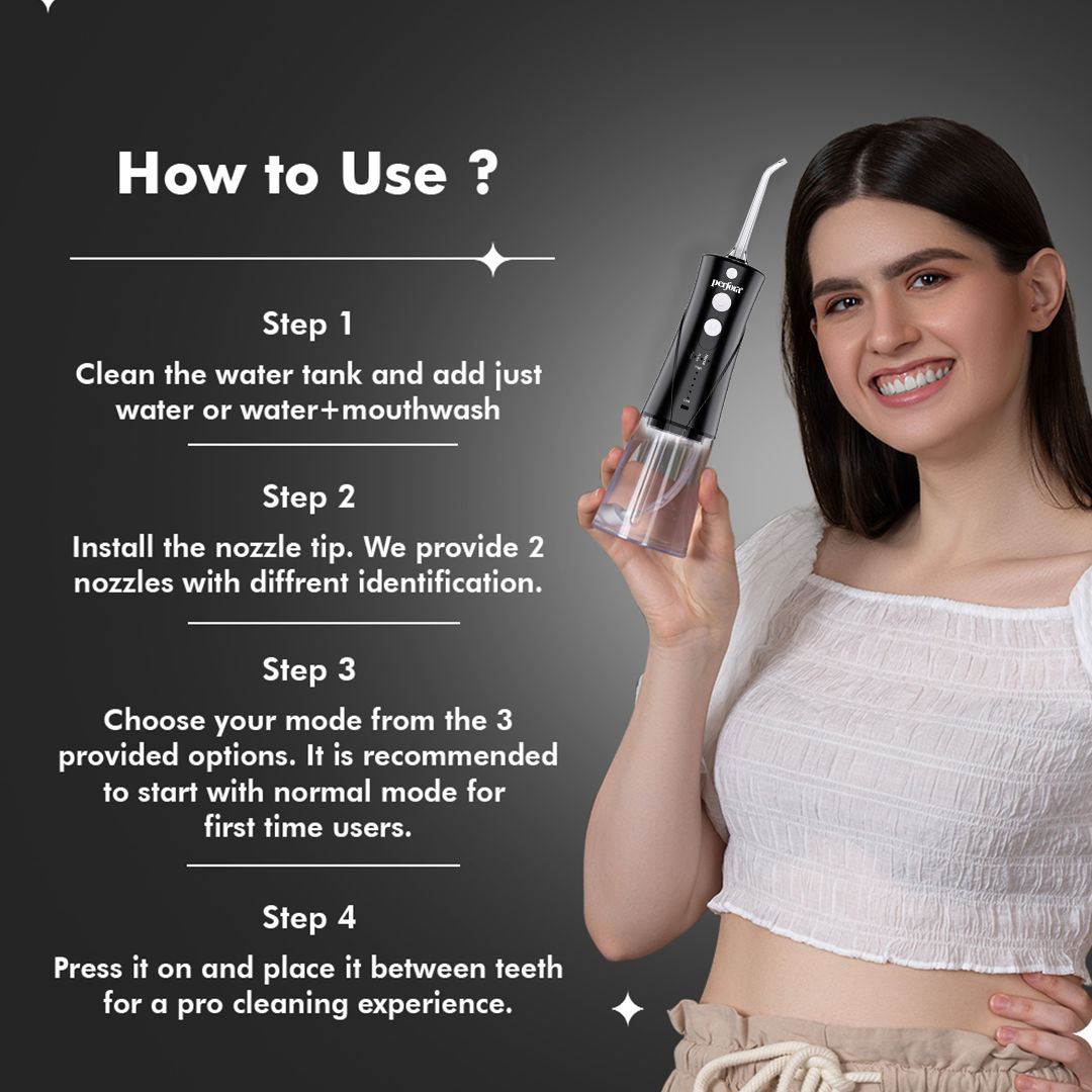 Perfora Power Dental Water Flosser - With Custom 8 Water Pressure Settings & 2 Nozzles - Granite Black