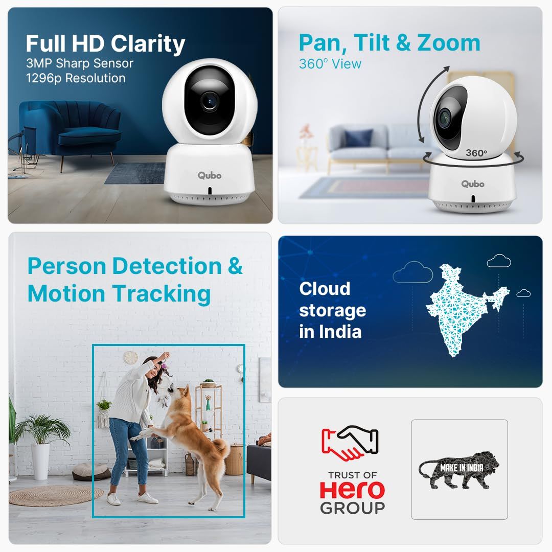 Qubo Smart Cam 360 | 3MP | 2K Resolution|Wi-Fi CCTV Indoor Security Camera from Hero Group