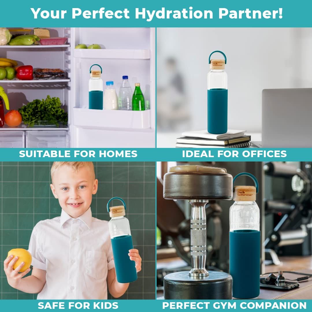 The Better Home 550Ml Borosilicate Glass Bottle With Sleeve And Bamboo Lid-Aqua