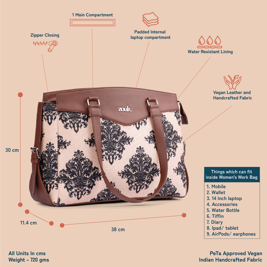 Zouk Women's Motifs Vegan Leather and Handcrafted Fabric Double Strap Women's Office Bag | Brown