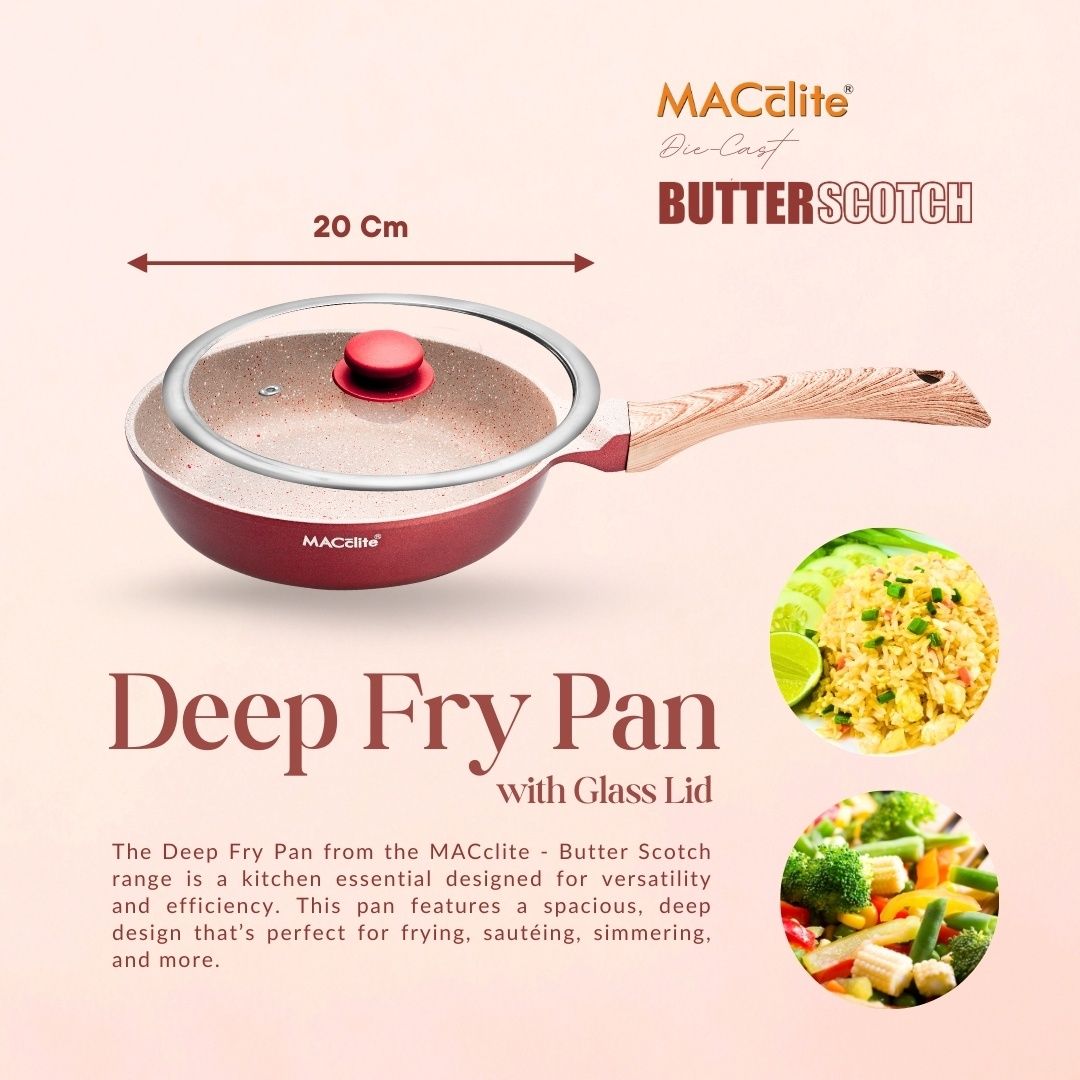 Macclite Non Stick PDC Granite+ Induction Base ButterScotch Deep Frying Pan 20 cm with Glass Lid