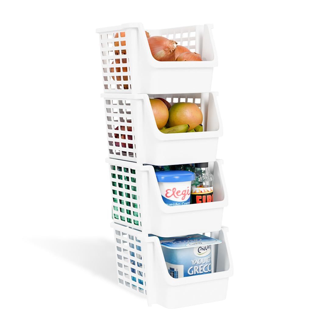 Tex-Ro White Small 4 Layer Plastic Stackable Kitchen Rack &Multi-Purpose Free Standing Cabinet