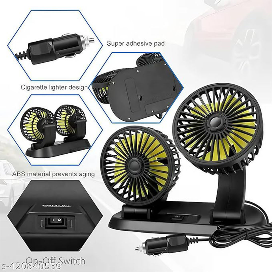 Potauto Double Head Car Fan | 12V 360 Degree Adjustable Small Size 2 Speed Cooling All Vehicle Fan.