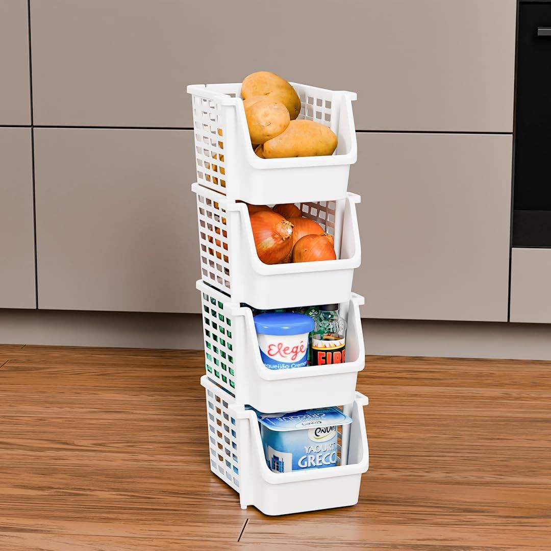 Tex-Ro White Small 4 Layer Plastic Stackable Kitchen Rack &Multi-Purpose Free Standing Cabinet
