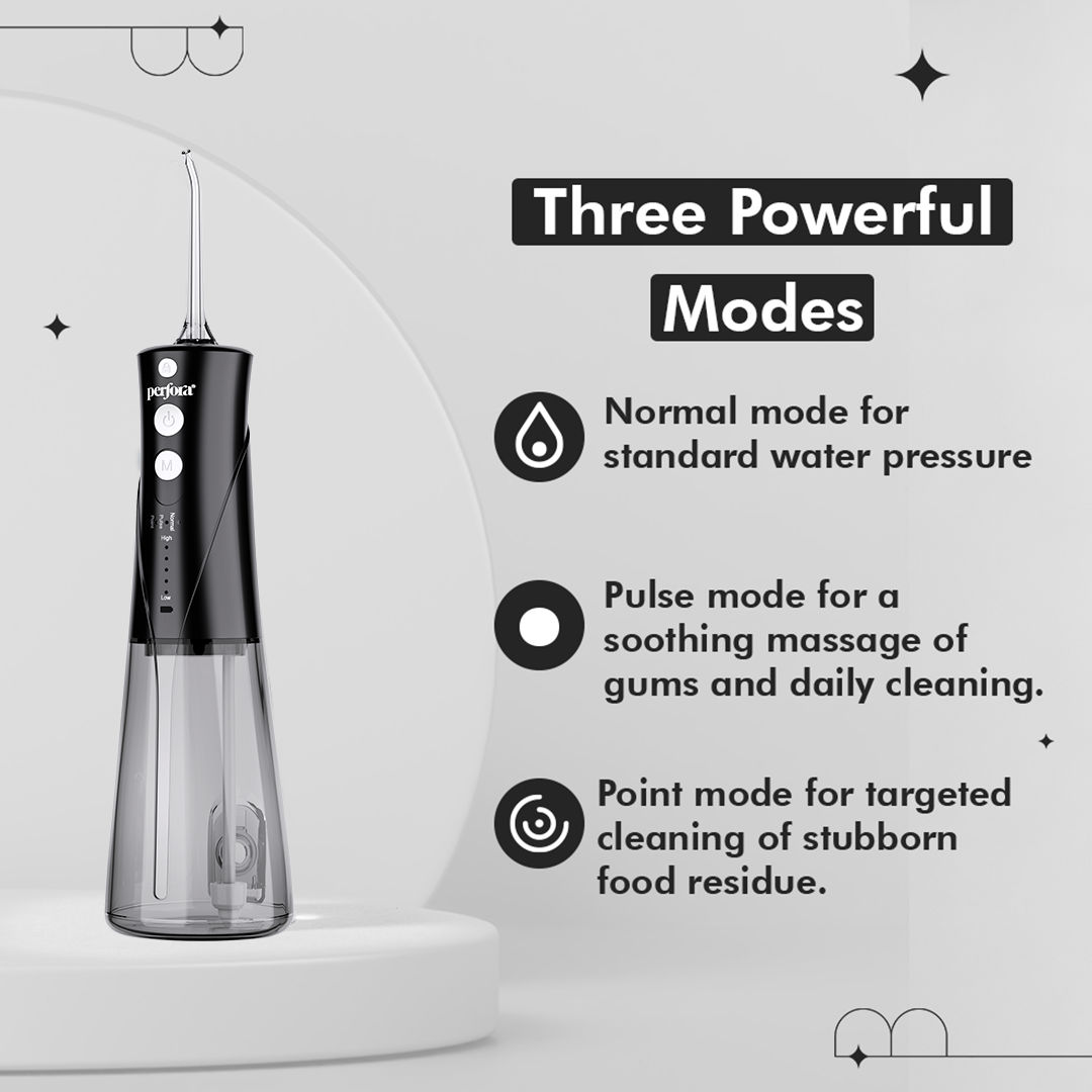 Perfora Power Dental Water Flosser - With Custom 8 Water Pressure Settings & 2 Nozzles - Granite Black