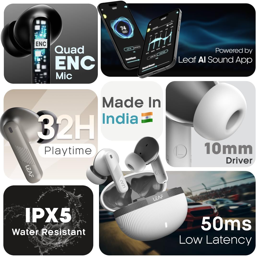 Leaf Buds X342 True Wireless Earbuds With Ai Sound App, 32H Playtime,10Mm Driver(Carbon Black)