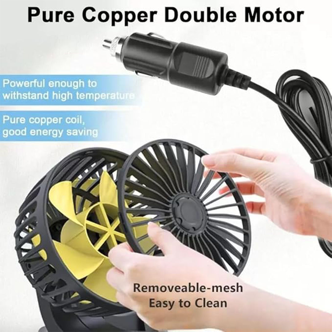Potauto Double Head Car Fan | 12V 360 Degree Adjustable Small Size 2 Speed Cooling All Vehicle Fan.