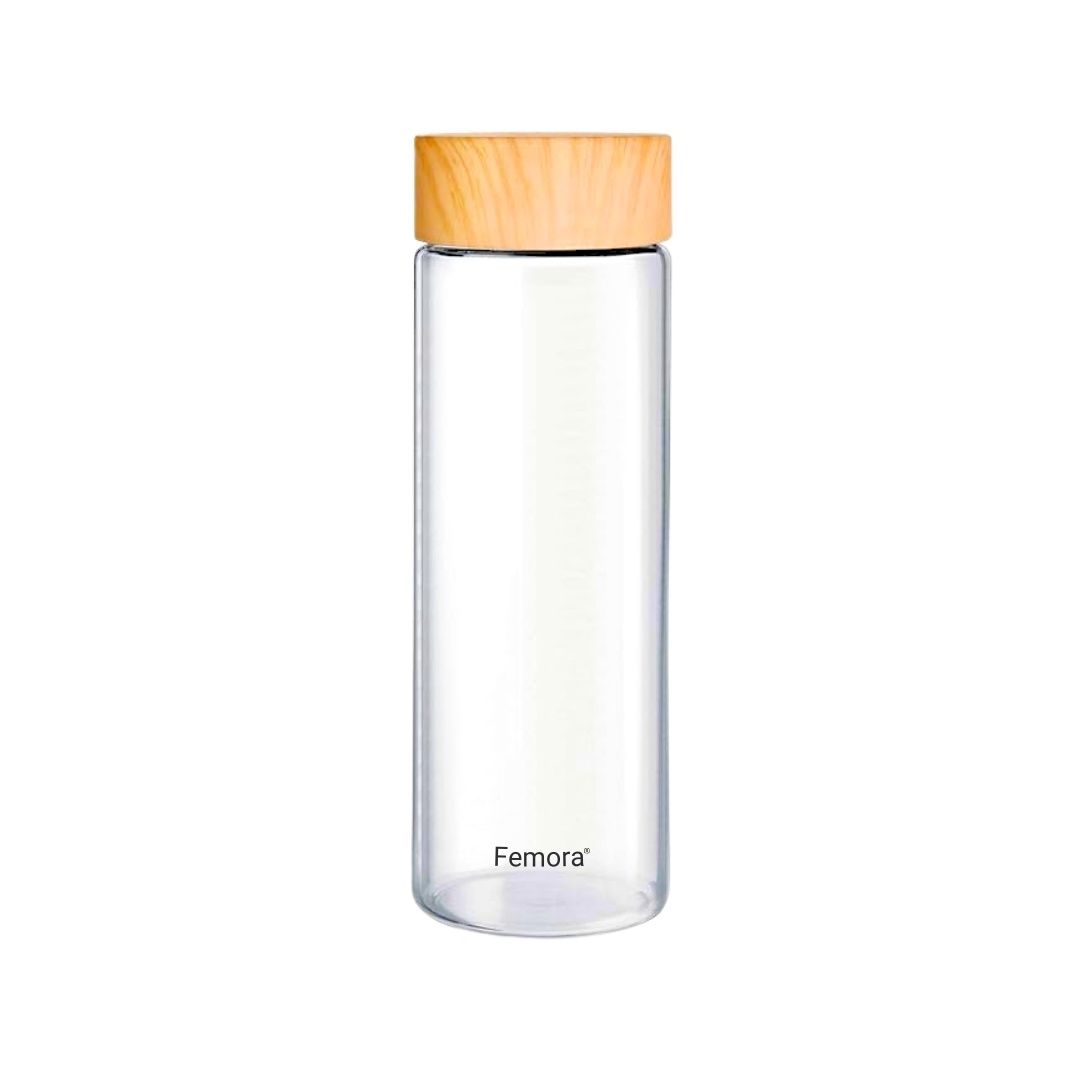 Femora Borosilicate Glass Bottle With Wooden Lid Finish | Transparent - 750 ml