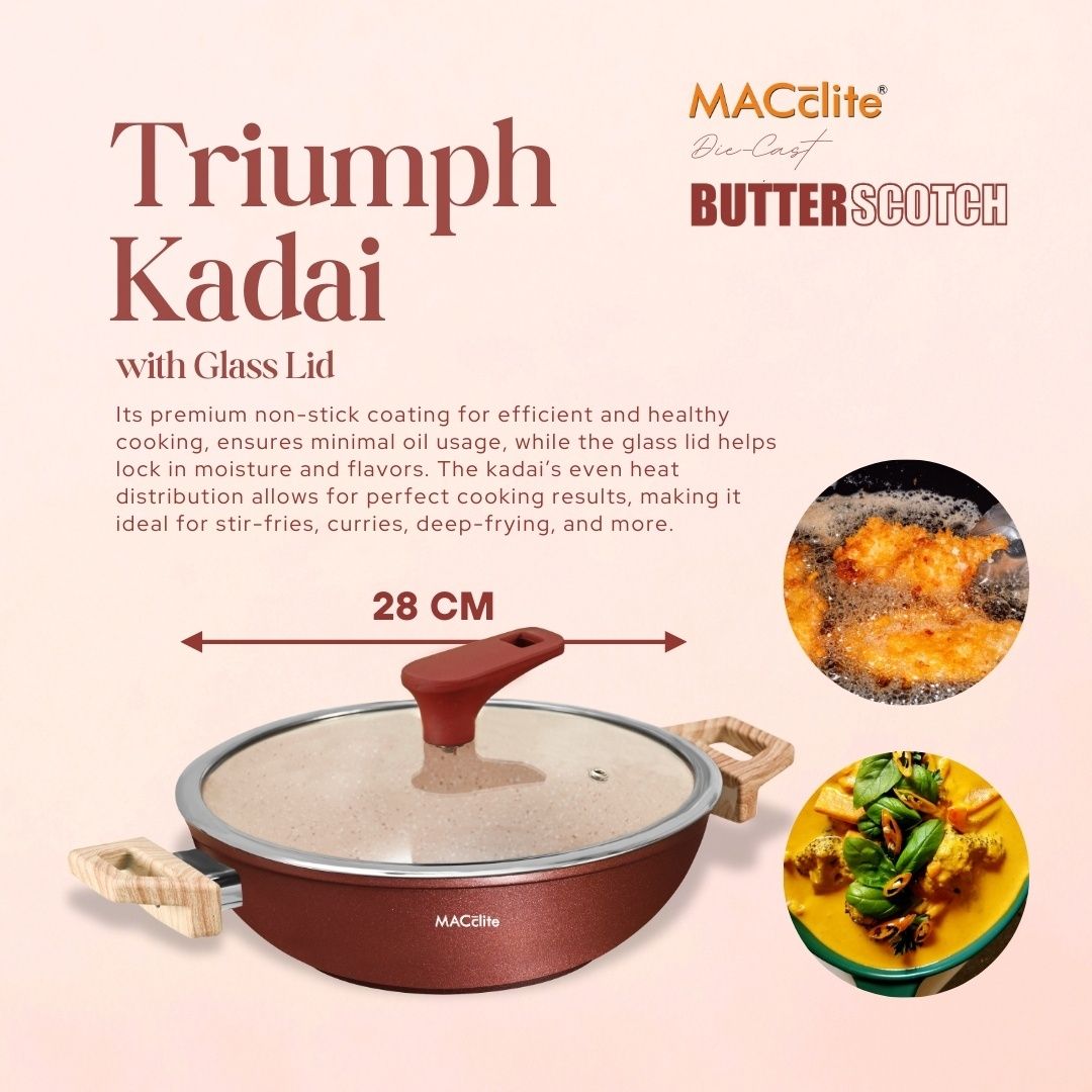 Macclite Non-Stick PDC Granite+ Induction Base Butter Scotch Triumph Kadai 28 cm With Glass Lid