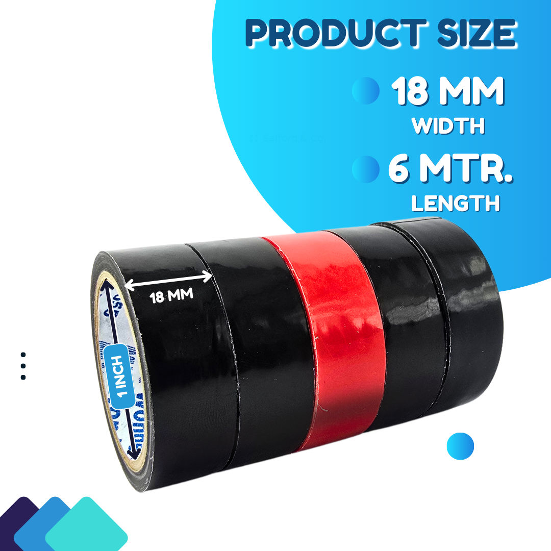 ABK Multicolour High Performance Electric Insulation Tape 18 mm x 6 meters - Pack of 5 ( 4 Black + 1 Red)