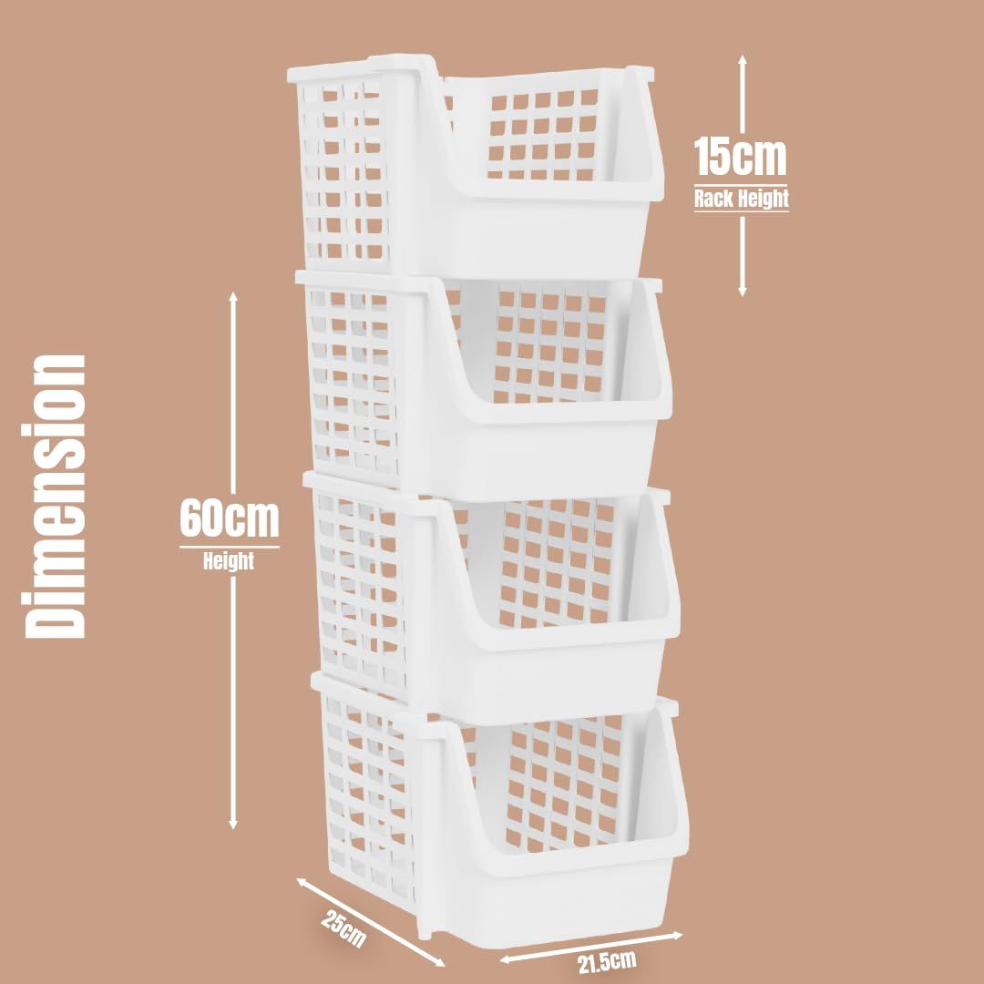Tex-Ro White Small 4 Layer Plastic Stackable Kitchen Rack &Multi-Purpose Free Standing Cabinet