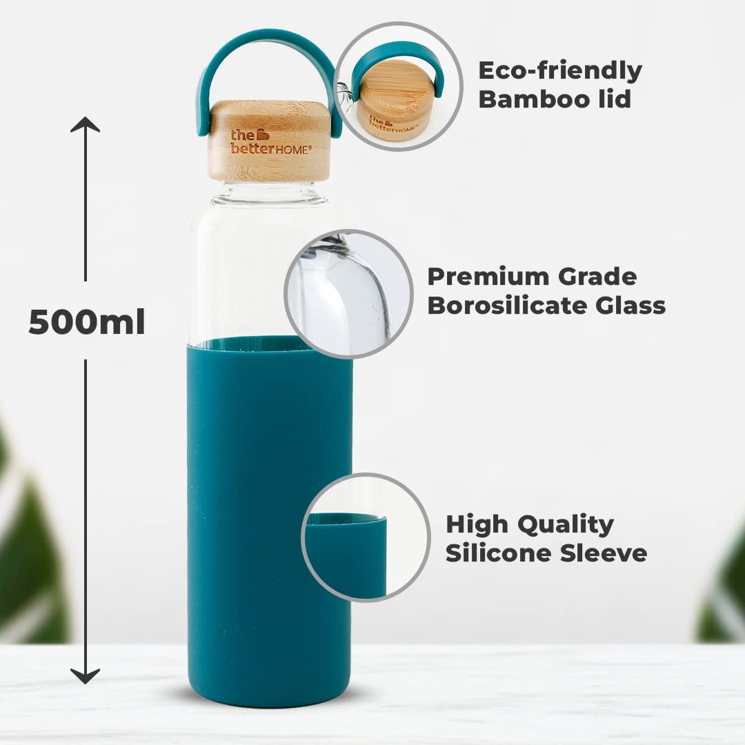 The Better Home 550Ml Borosilicate Glass Bottle With Sleeve And Bamboo Lid-Aqua
