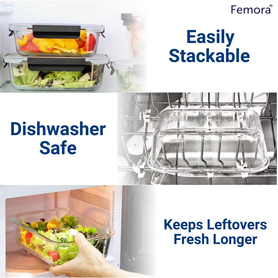 Femora Borosilicate Glass Microwave Safe Rectangle Container With Break Free Lid | 400 ml