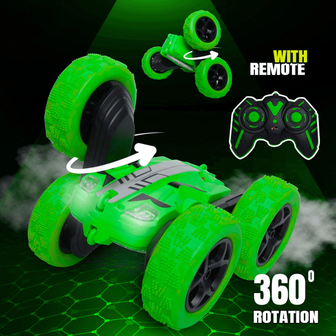 Fablue Double Flip Remote Control Stunt Car For Kids - 360 Degree Rotating Car Toy - Green