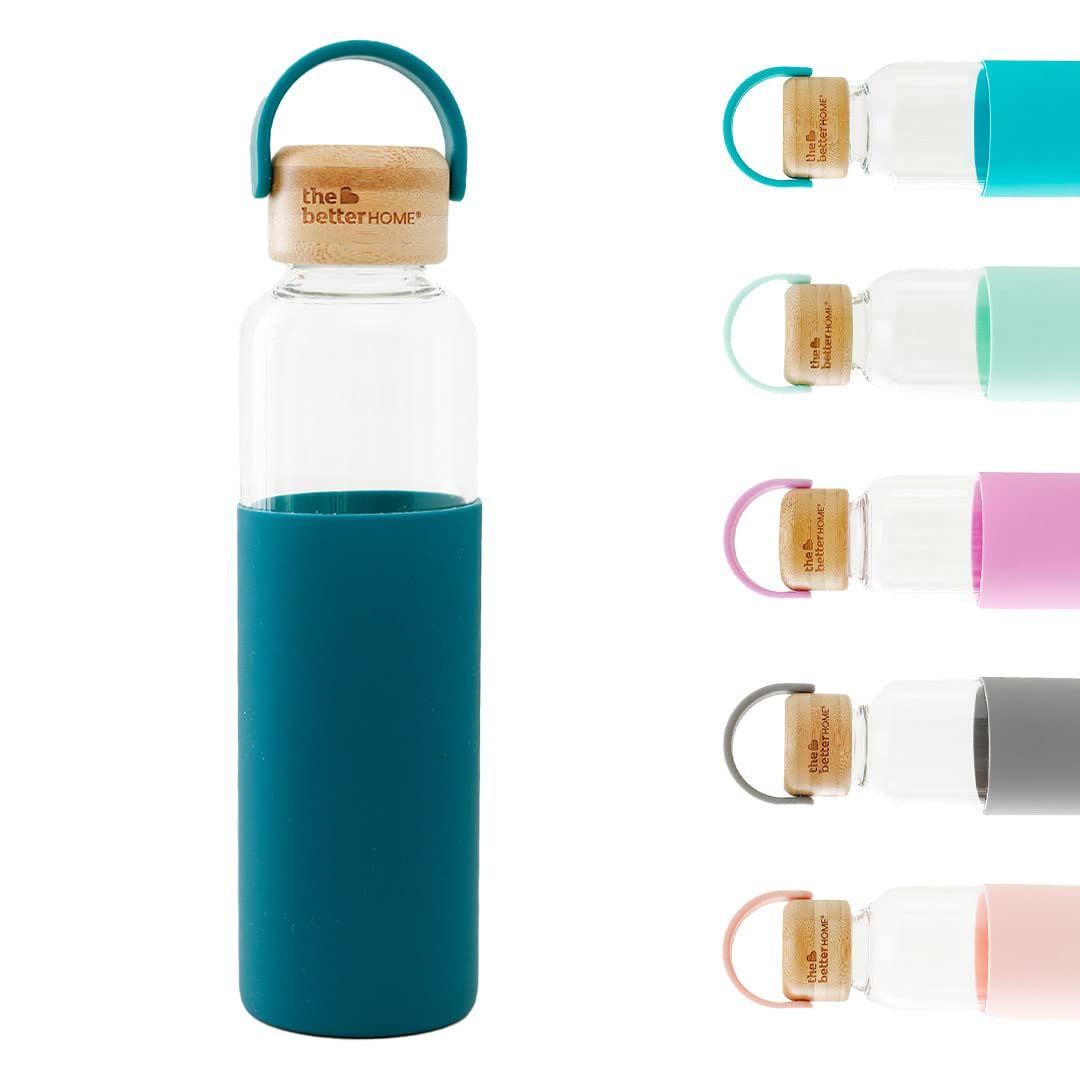 The Better Home 550Ml Borosilicate Glass Bottle With Sleeve And Bamboo Lid-Aqua