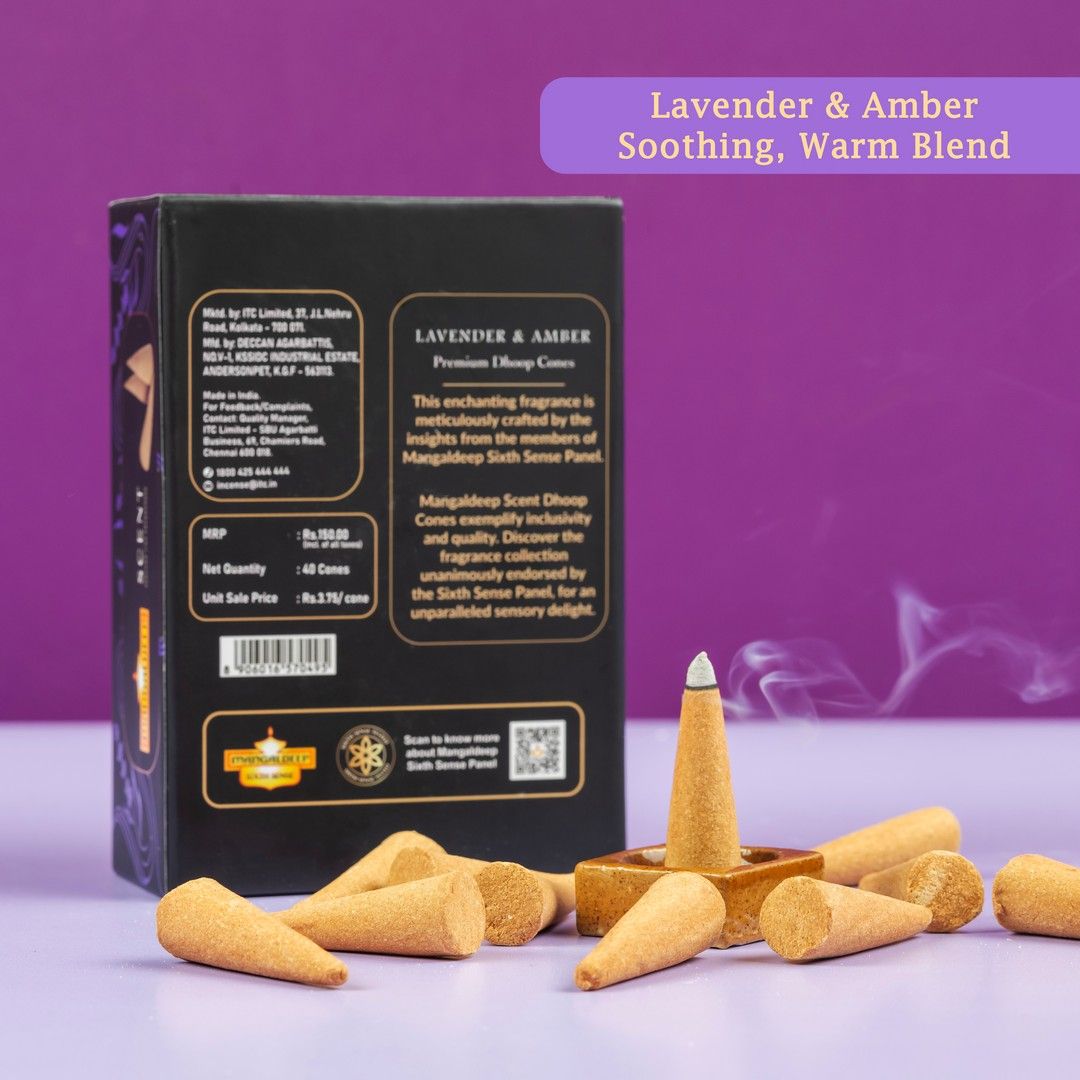 Mangaldeep Scent Premium Bambooless Dhoop Cones - With Lavender And Amber Fragrances