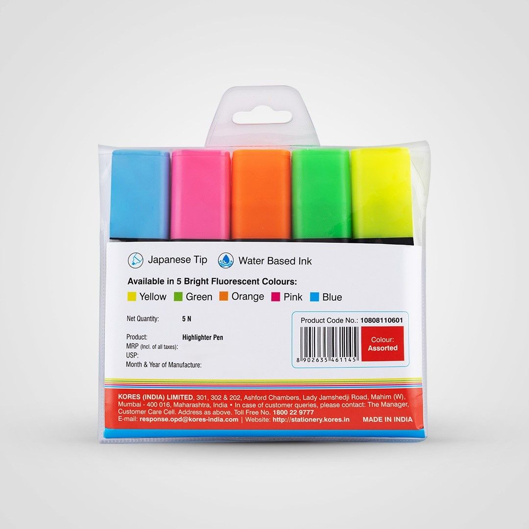 Kores Smoothline Plus Highlighter Pen | Assorted Pack of 5 Colours