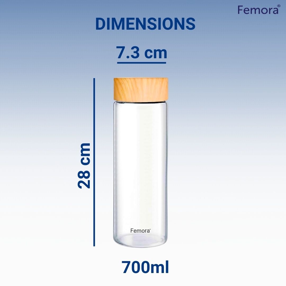 Femora Borosilicate Glass Bottle With Wooden Lid Finish | Transparent - 750 ml
