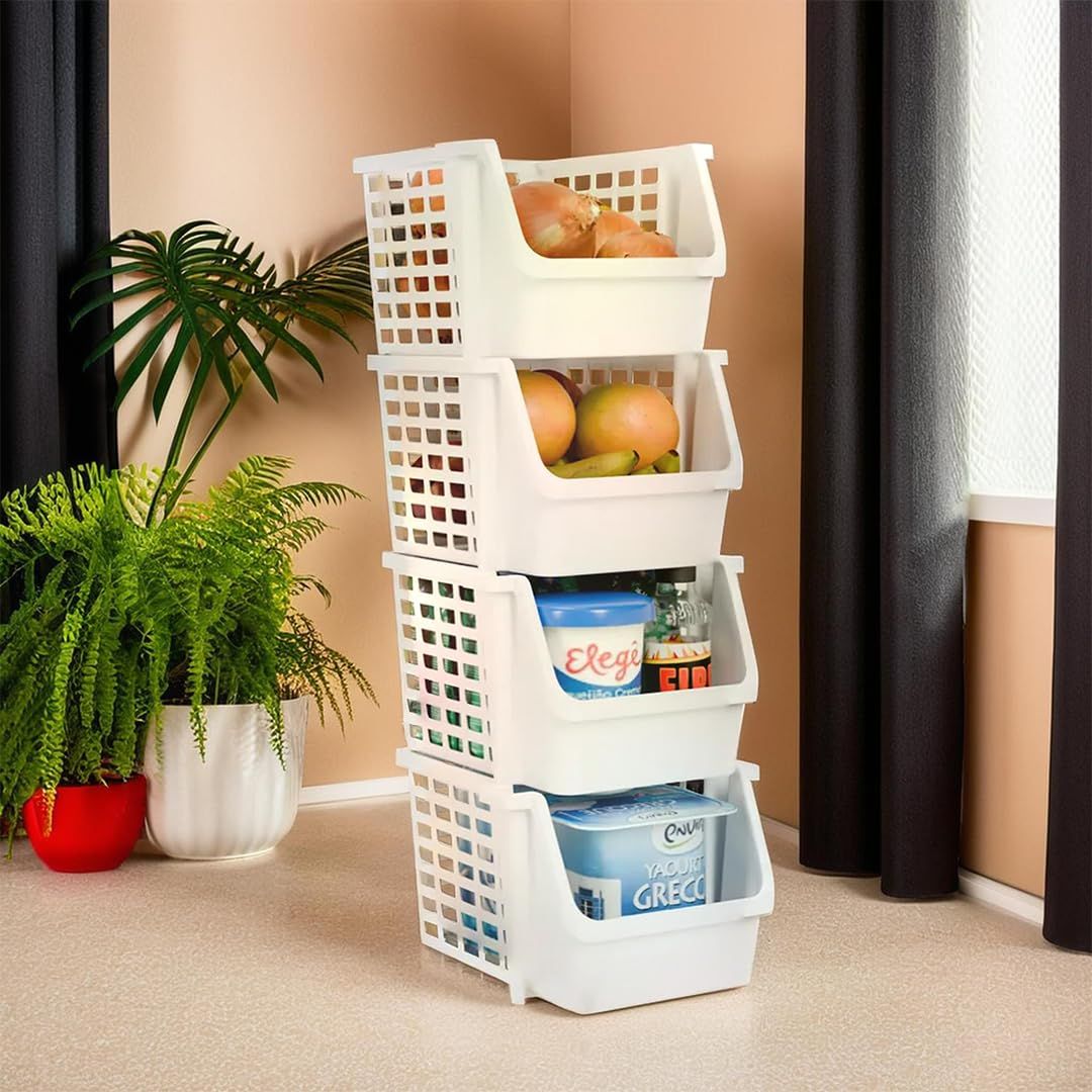 Tex-Ro White Small 4 Layer Plastic Stackable Kitchen Rack &Multi-Purpose Free Standing Cabinet