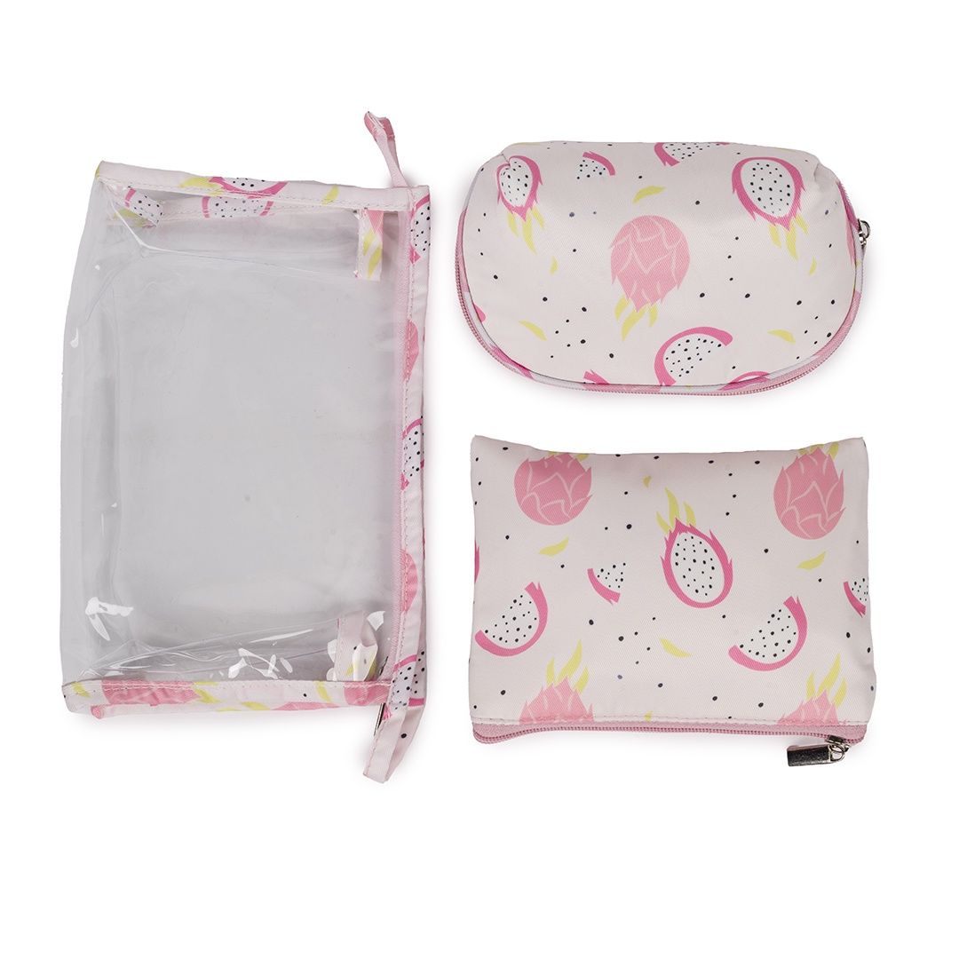 Qips Printed Set Of 3 Cosmetic Pouches With Zipper Closure - Baby Pink