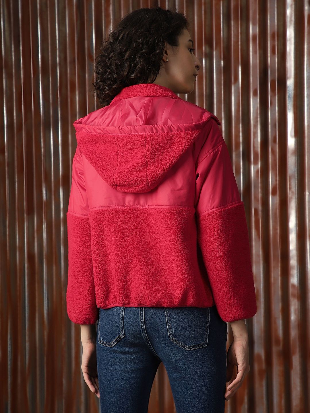 High Star Women's Self Design Hooded Front-Open Sweatshirt | Red - M