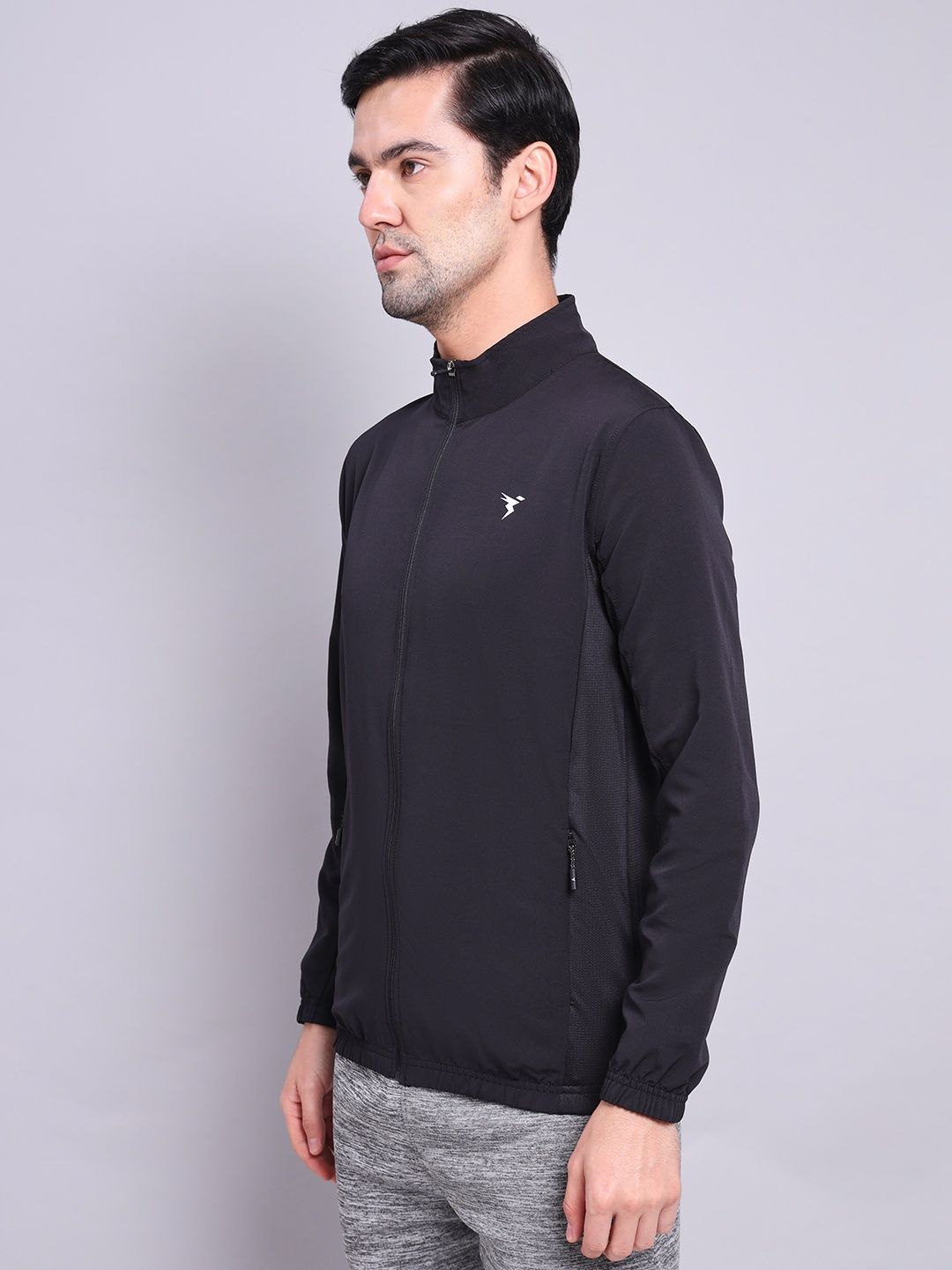 Technosport Men's Poly Solid Slim Fit Mock Neck Full Sleeve Sports Jacket | Black - XL