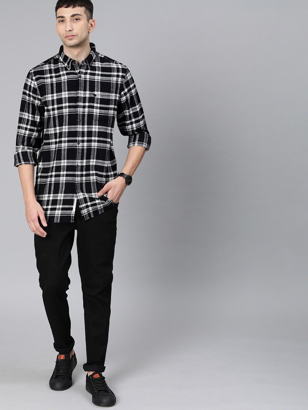 The Bear House Men Slim Fit Flannel Button-Down Casual Shirt - Tally | Black | S