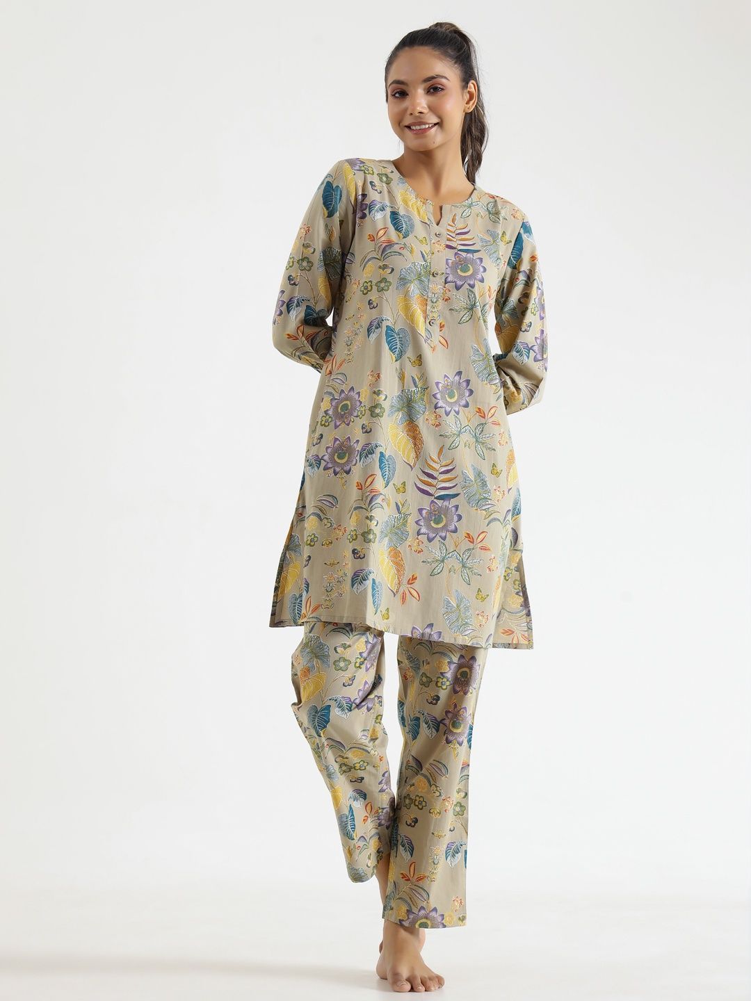 Sanskrutihomes Printed Pure Cotton Night Suit | Beige | L