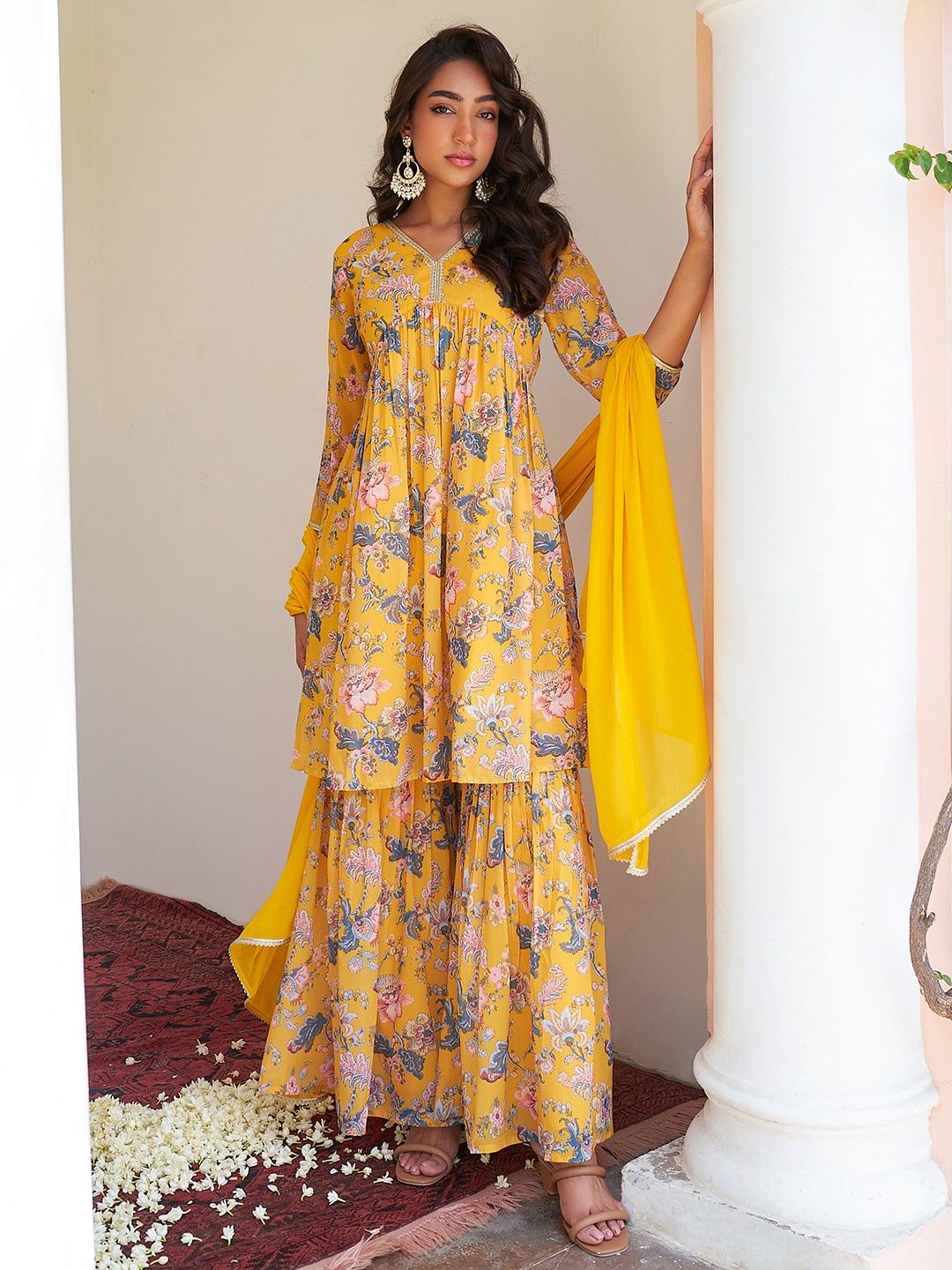 Janasya Women's Yellow Georgette Digital Floral Printed Kurta with Sharara and Dupatta | S